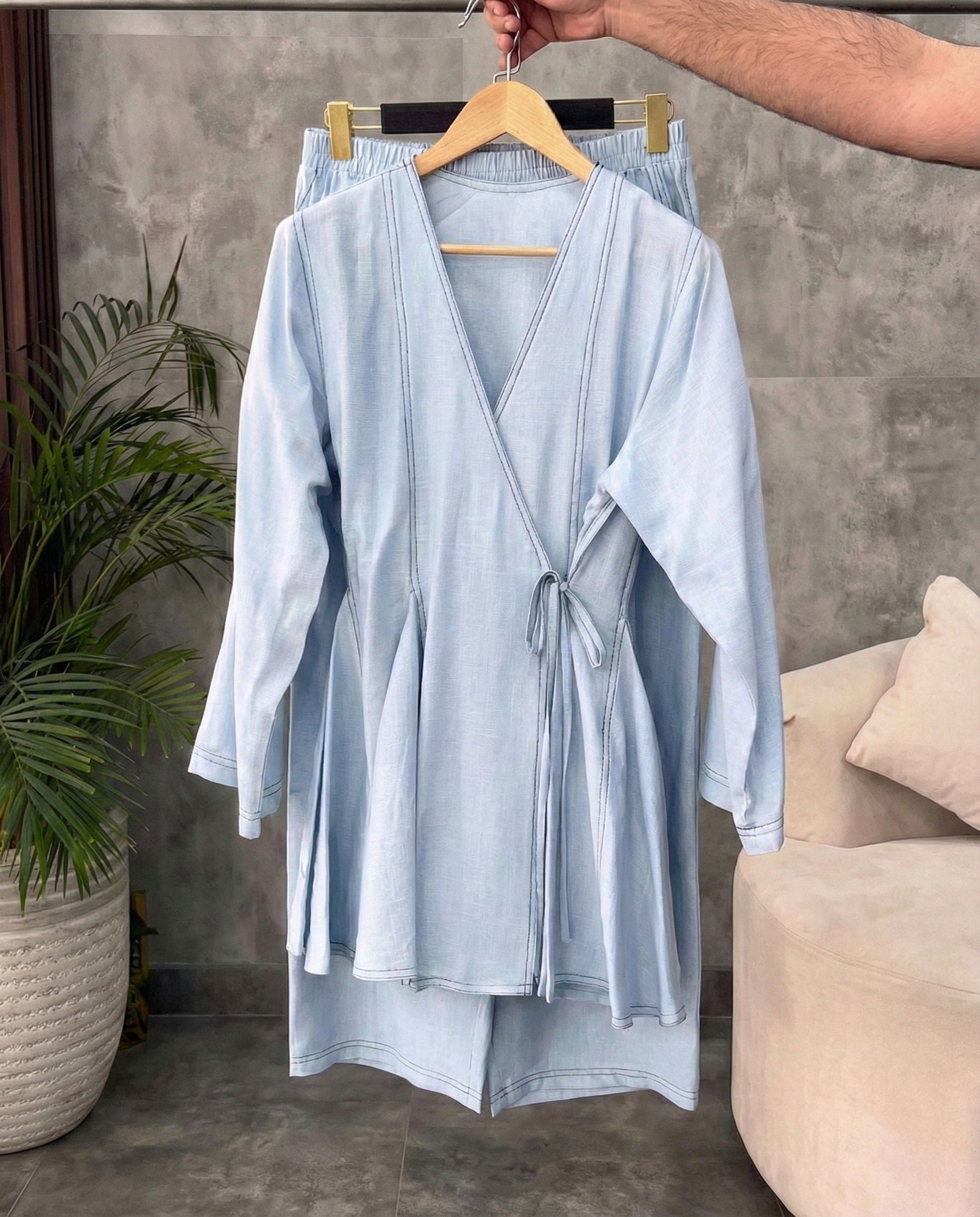 Powder blue aura wrap style co ord set with side tie up and relaxed pants