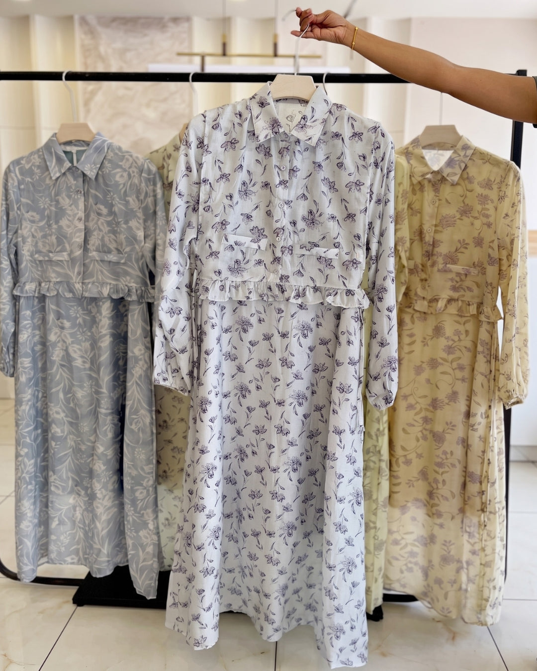 Aroha - White Botanical Ruffle Midi Dress