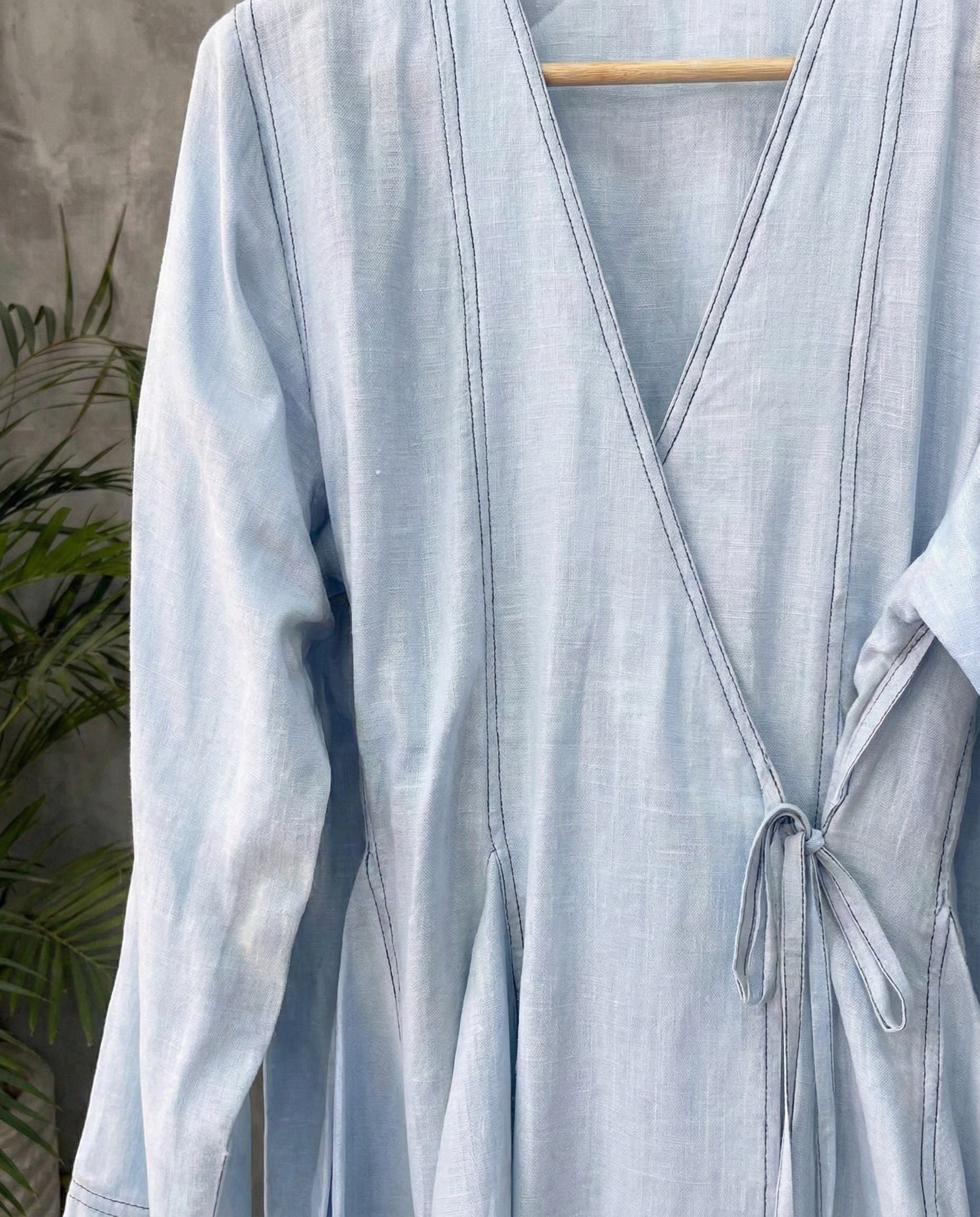 Powder blue aura wrap style co ord set with side tie up and relaxed pants