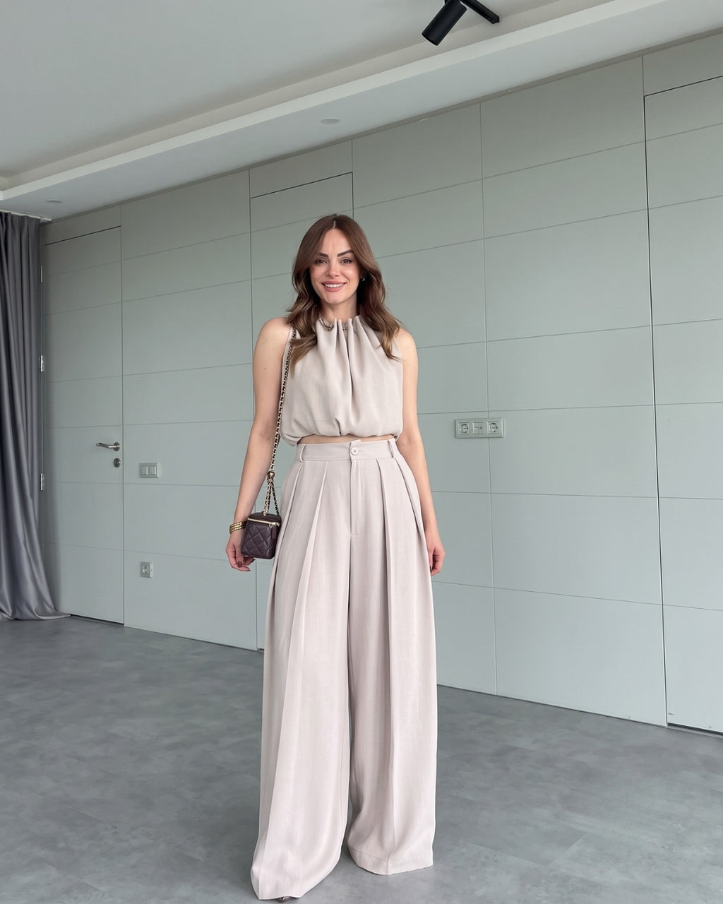 Livora - Elegant Beige Pleated Co-Ord Set