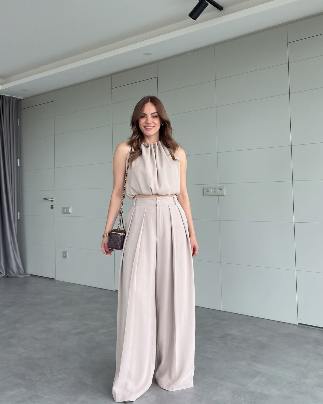 Livora - Elegant Beige Pleated Co-Ord Set