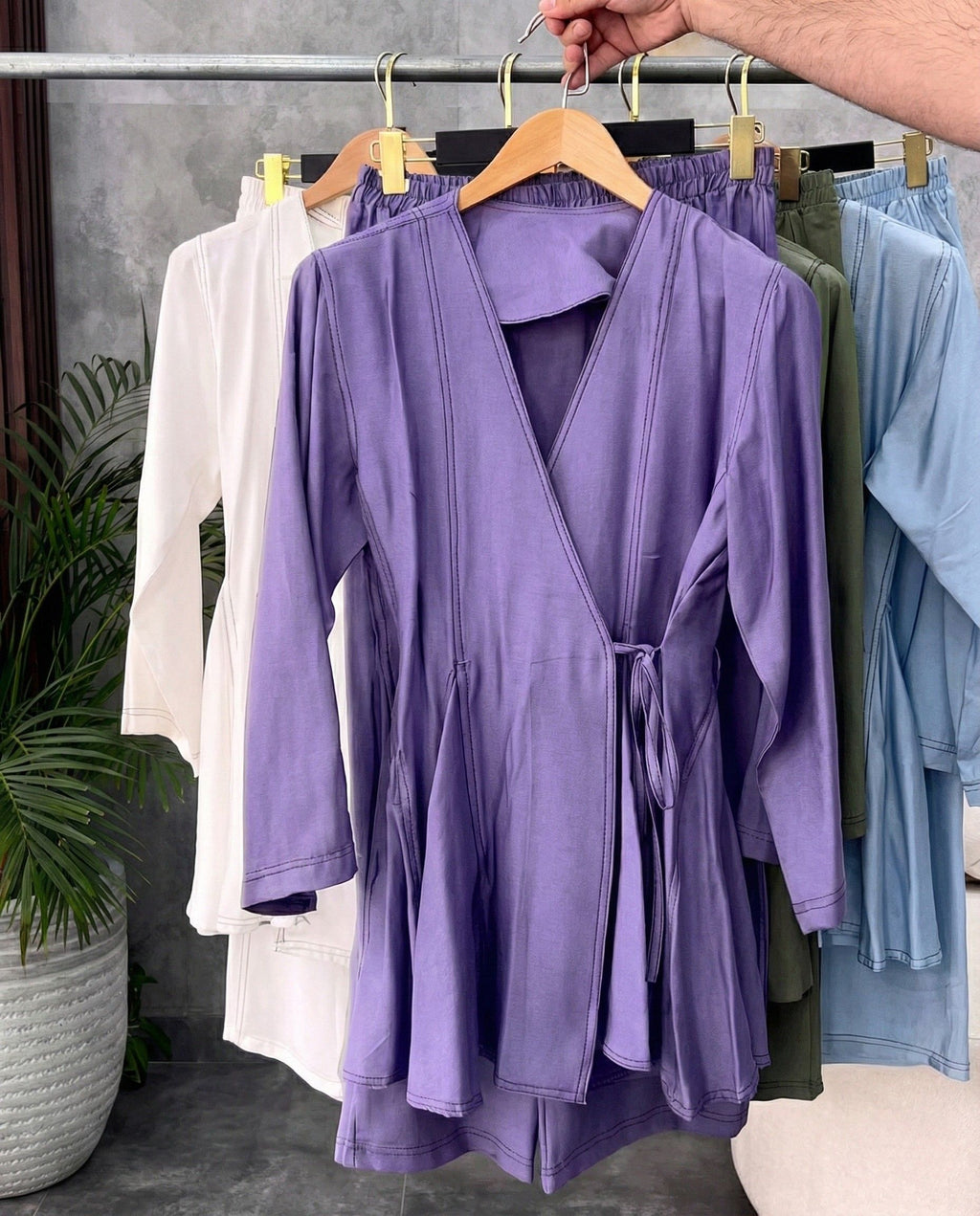 Lavender Aura wrap style co ord set with side tie up and relaxed pants