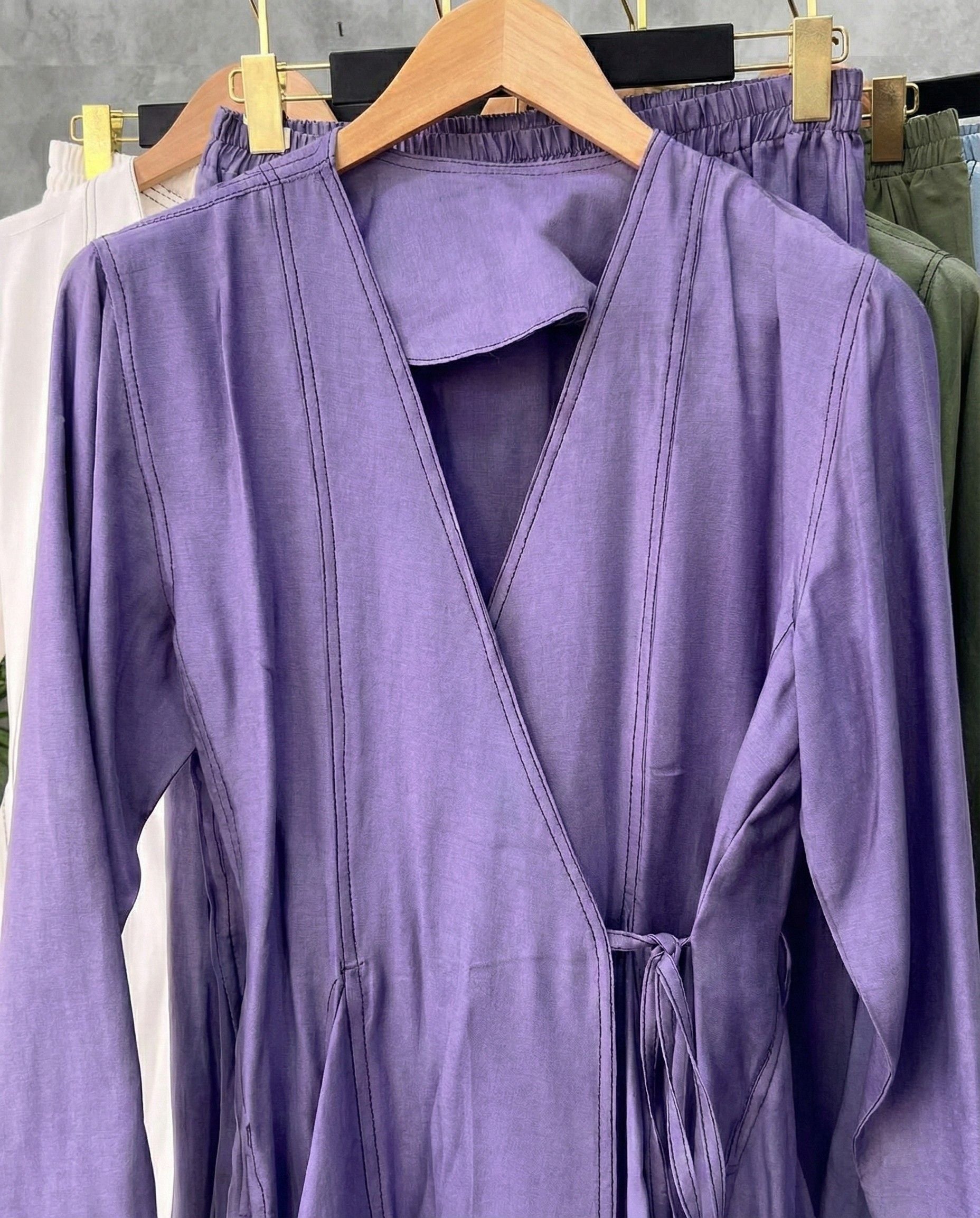 Lavender Aura wrap style co ord set with side tie up and relaxed pants