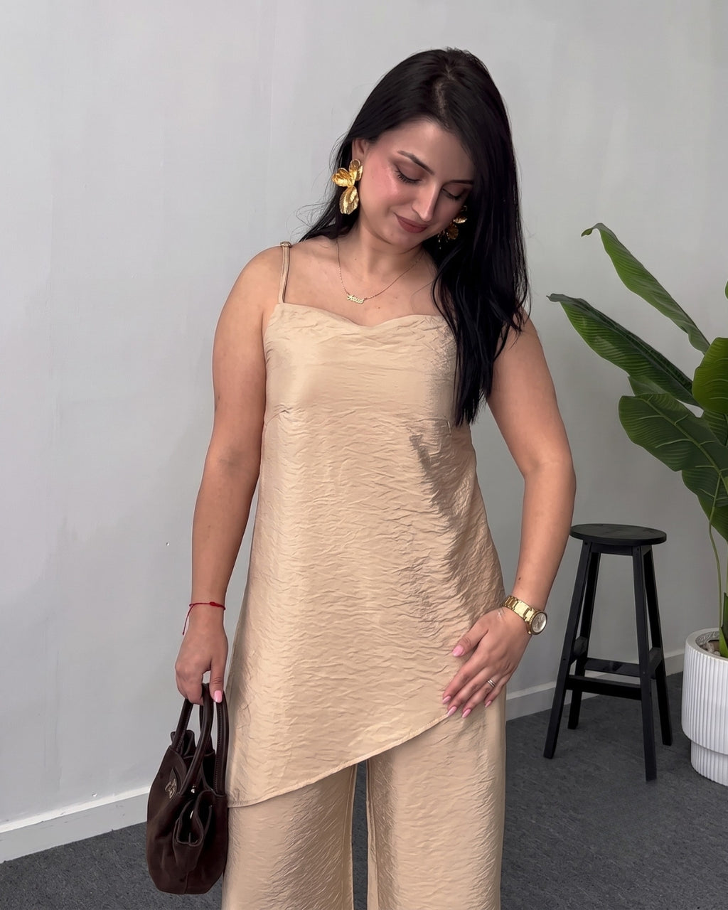 Eliora - Beige Asymmetric Wide Leg Co-Ord