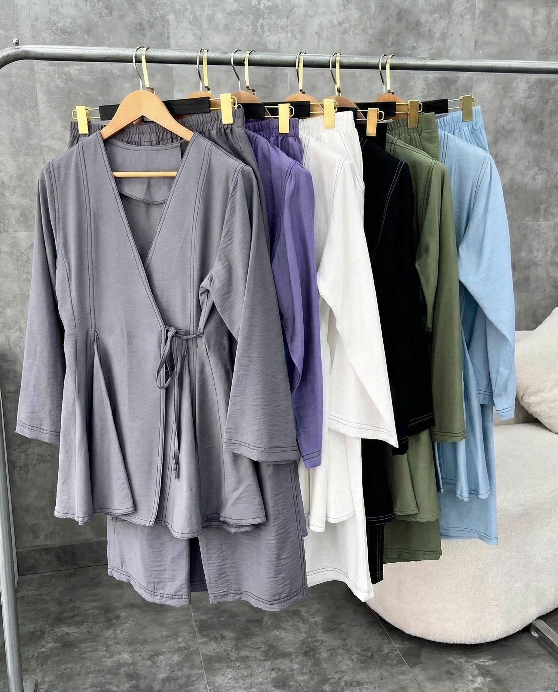 Sage green aura wrap style co ord set with side tie up and relaxed pants