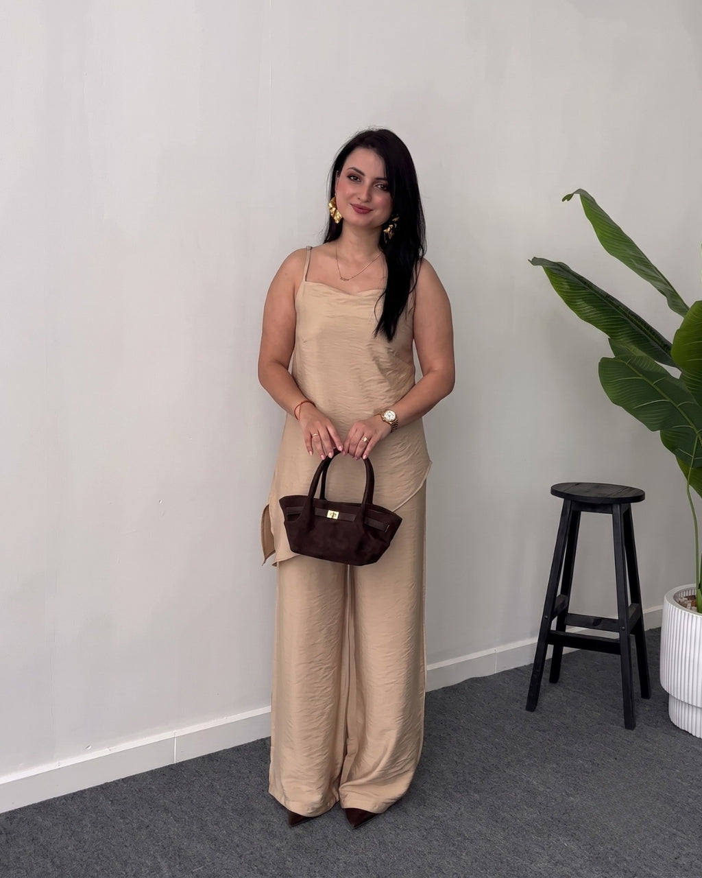 Eliora - Beige Asymmetric Wide Leg Co-Ord