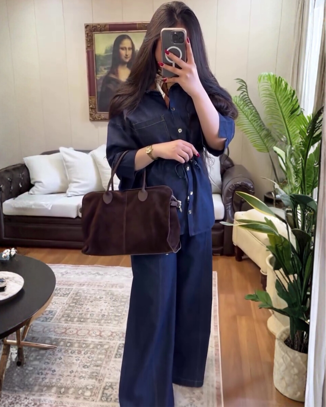 Denim Co-ord Set – Navy Blue Casual Top & Wide-Leg Pants