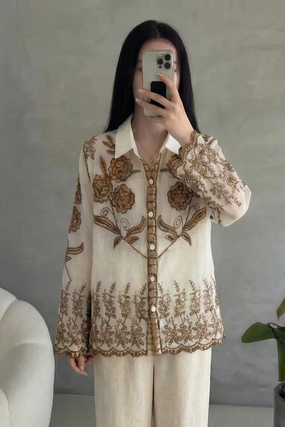 White Cotton Embroidered Full Sleeve Top – Brown Floral Work