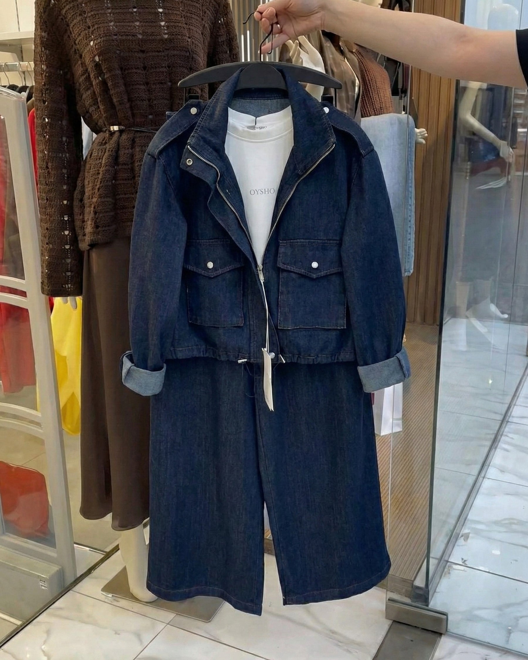 Deep Indigo Denim Utility Co-ord Set with Zip Jacket & Wide-Leg Pants