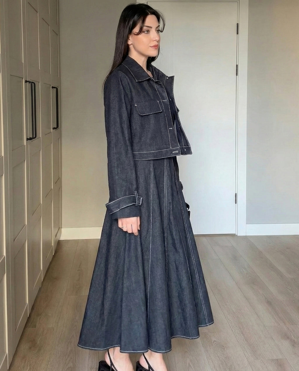 Naira – Deep Indigo Denim Dress Set with Utility Crop Jacket