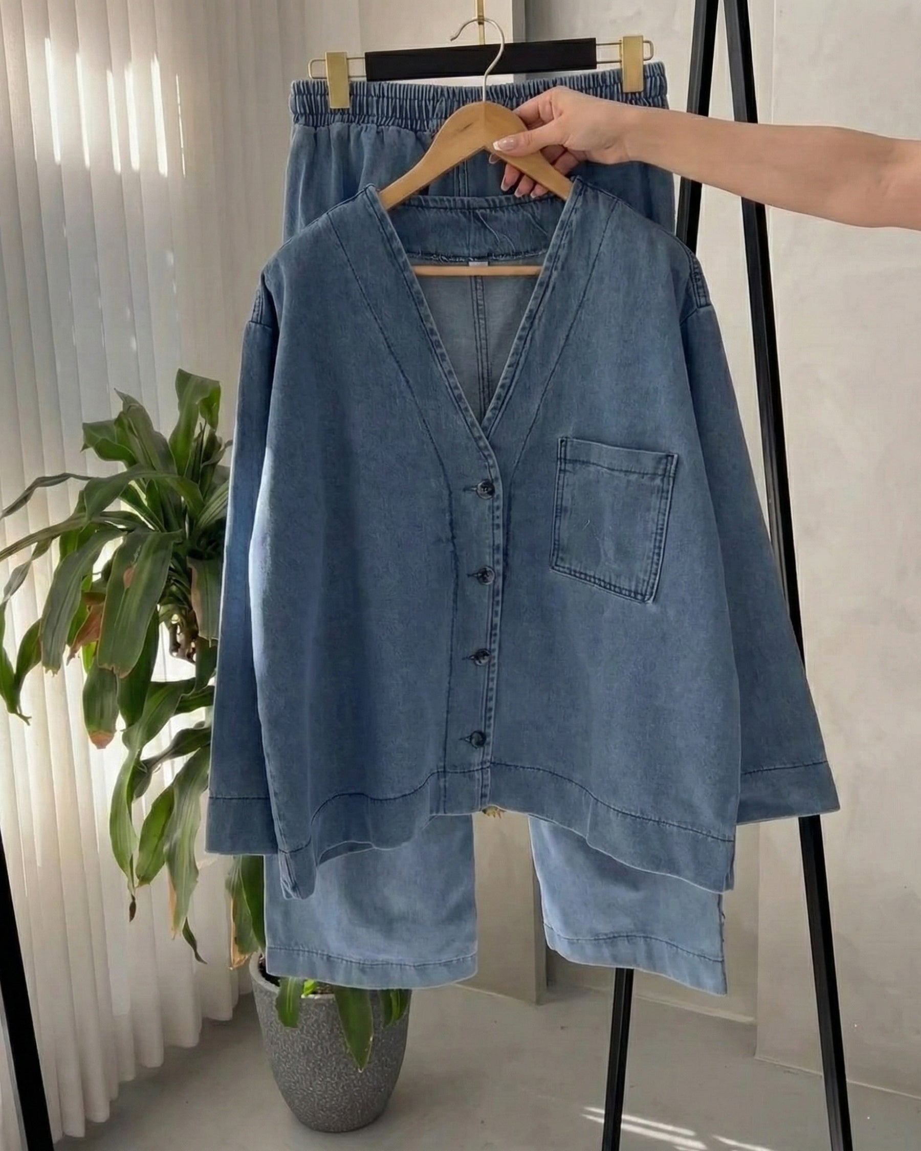 Light Blue Denim Co-ord Set with V-Neck Button Top and Lounge Pants