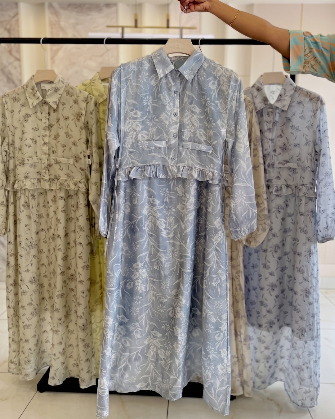 Aroha - Blue Botanical Ruffle Midi Dress