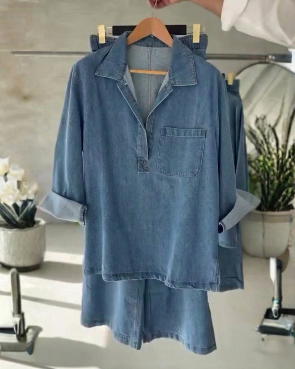 Relaxed Cotton Denim Shirt and Pant Set