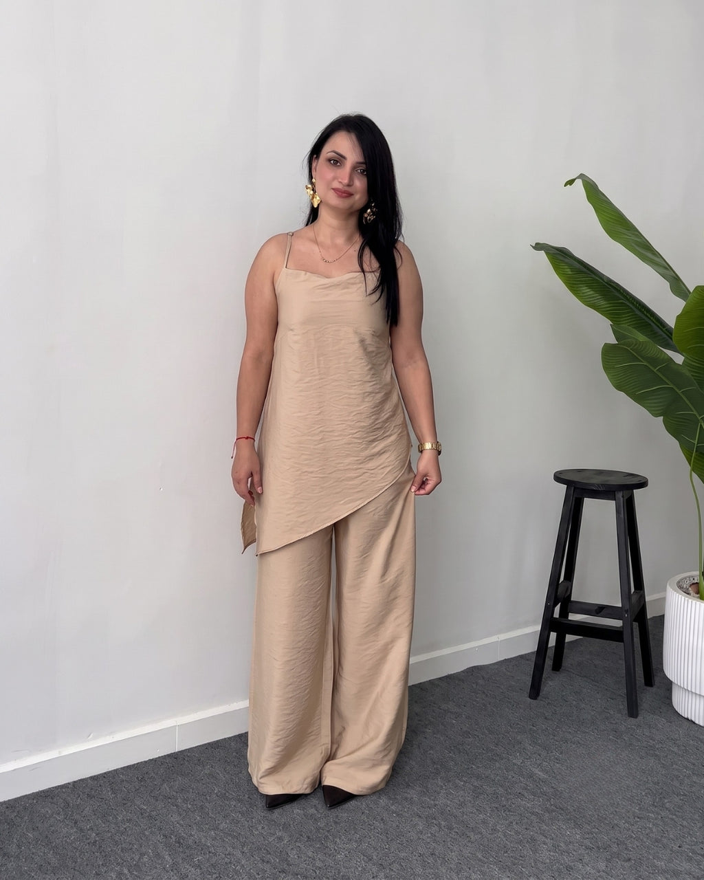 Eliora - Beige Asymmetric Wide Leg Co-Ord