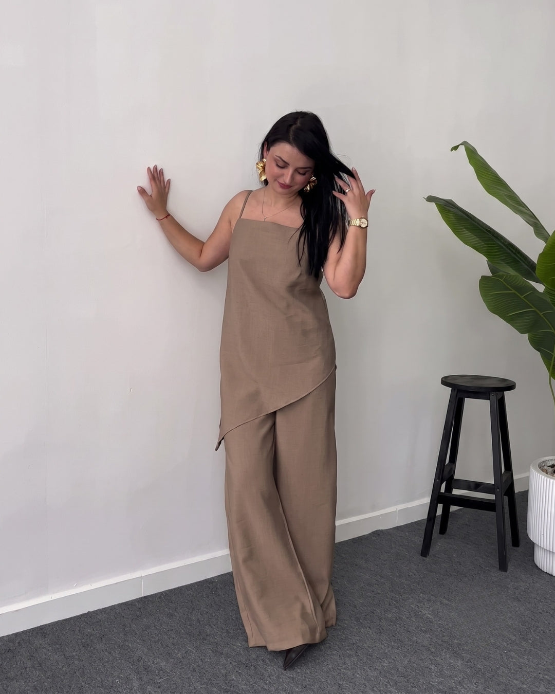 Eliora - Brown Asymmetric Wide Leg Co-Ord