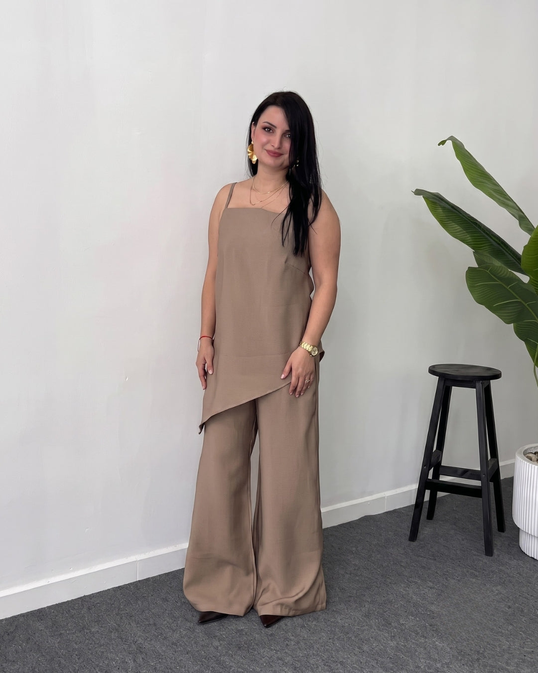 Eliora - Brown Asymmetric Wide Leg Co-Ord