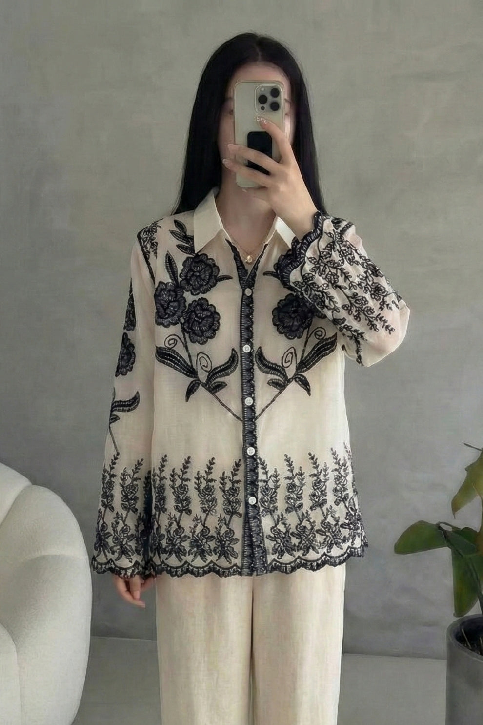 White Cotton Embroidered Full Sleeve Top – Black Floral Work