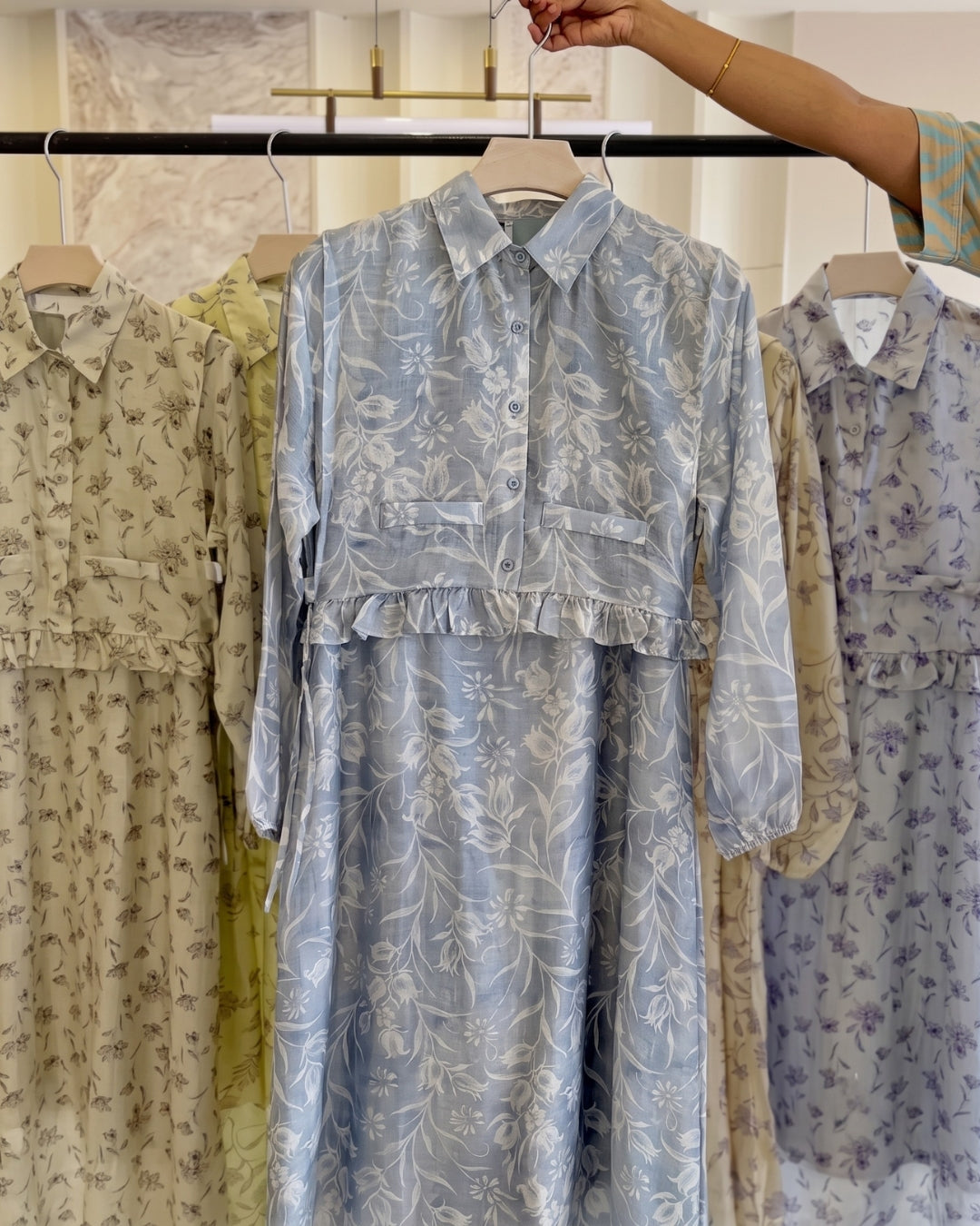 Aroha - Blue Botanical Ruffle Midi Dress