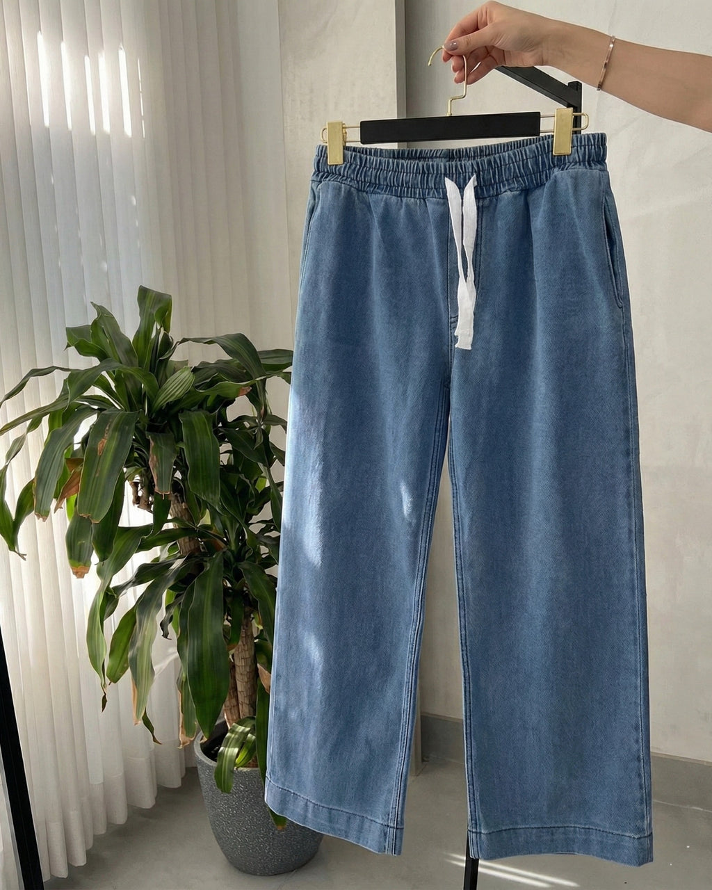 Light Blue Denim Co-ord Set with V-Neck Button Top and Lounge Pants