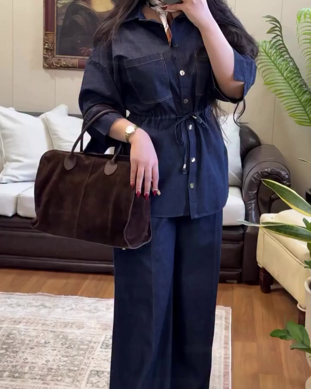 Denim Co-ord Set – Navy Blue Casual Top & Wide-Leg Pants