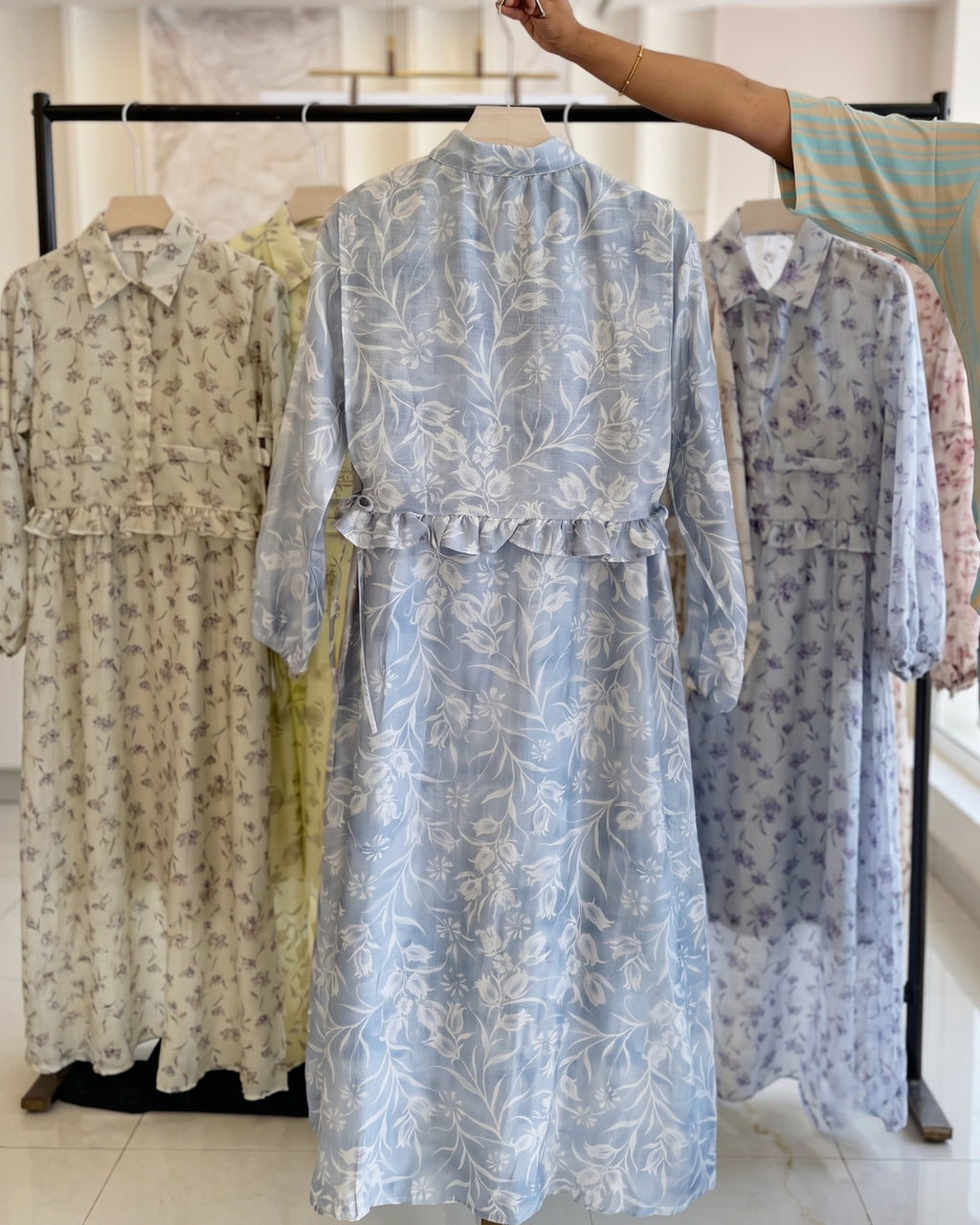 Aroha - Blue Botanical Ruffle Midi Dress