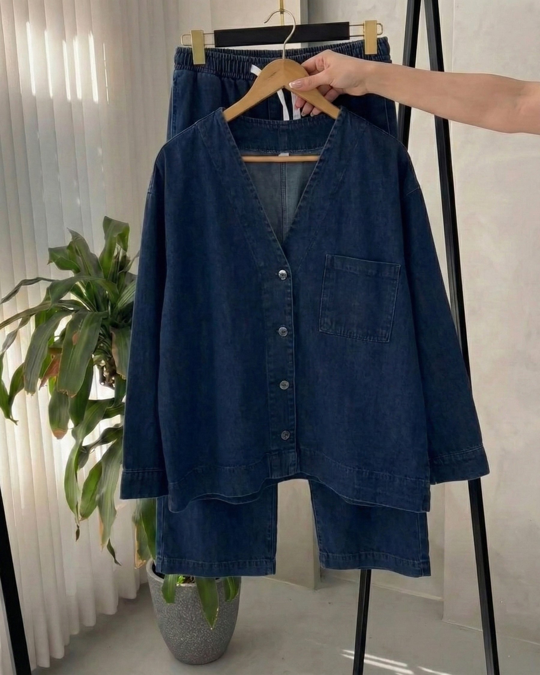 Deep Indigo Cotton Denim Co-ord Set with Buttoned Top & Elastic Waist Pants