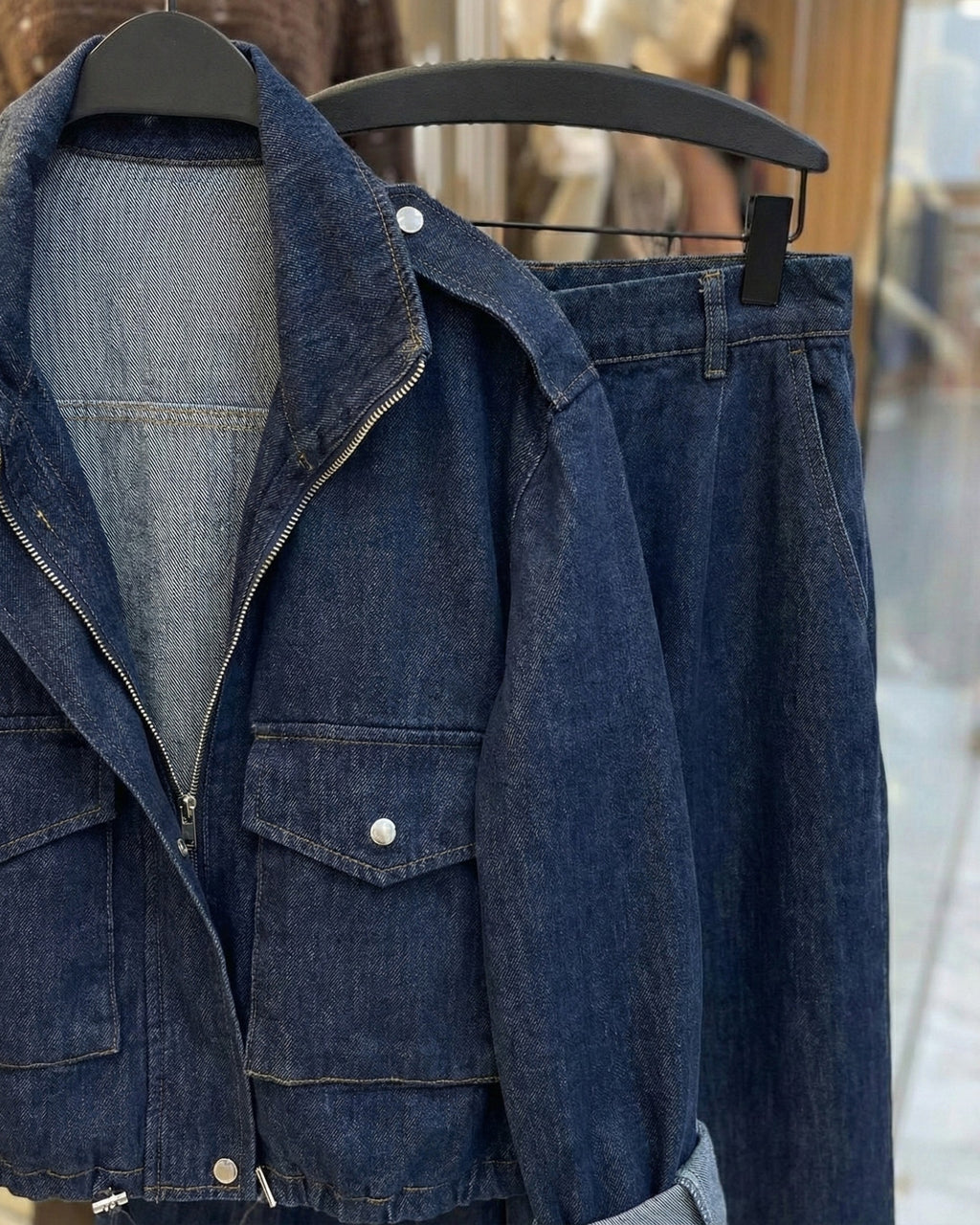 Deep Indigo Denim Utility Co-ord Set with Zip Jacket & Wide-Leg Pants