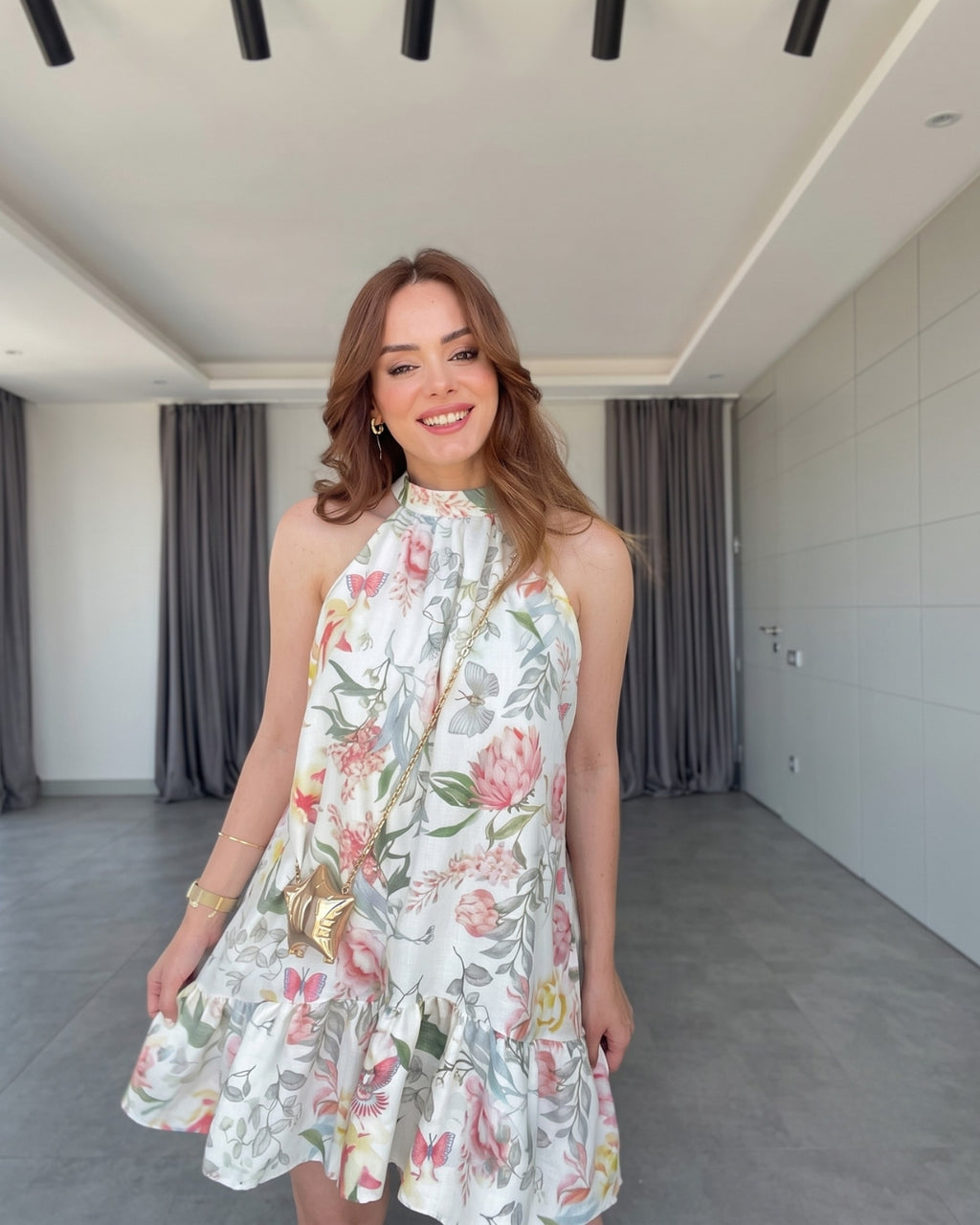 Zyrella - Ivory Botanical Halter Mini Dress