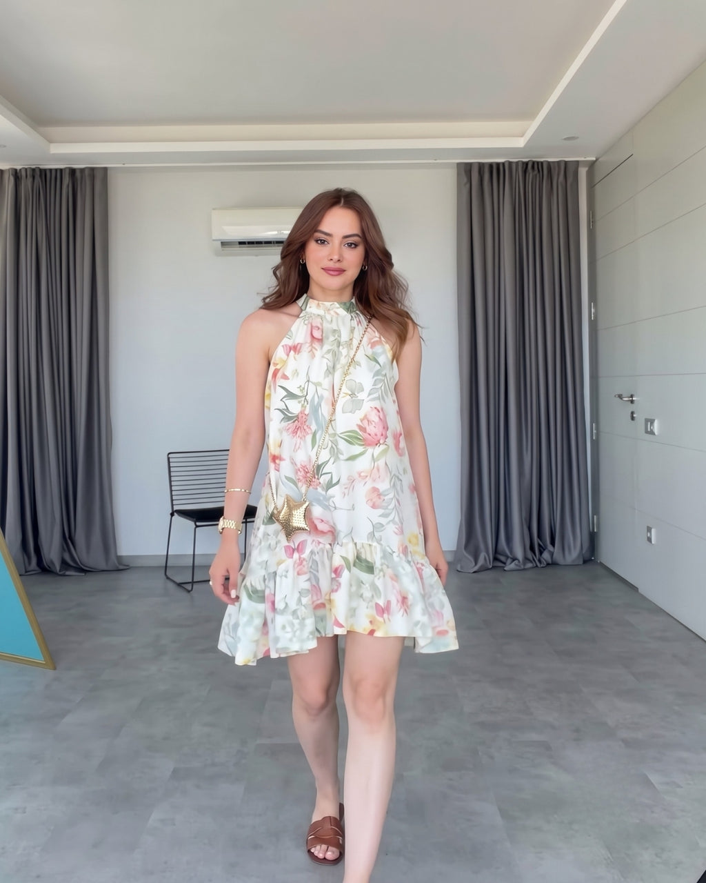 Zyrella - Ivory Botanical Halter Mini Dress