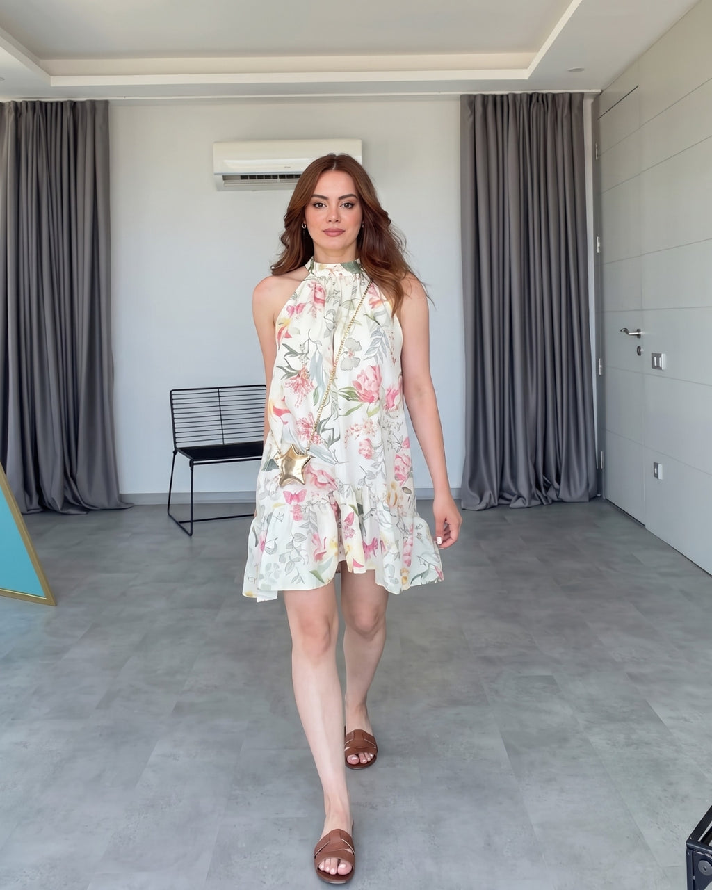 Zyrella - Ivory Botanical Halter Mini Dress