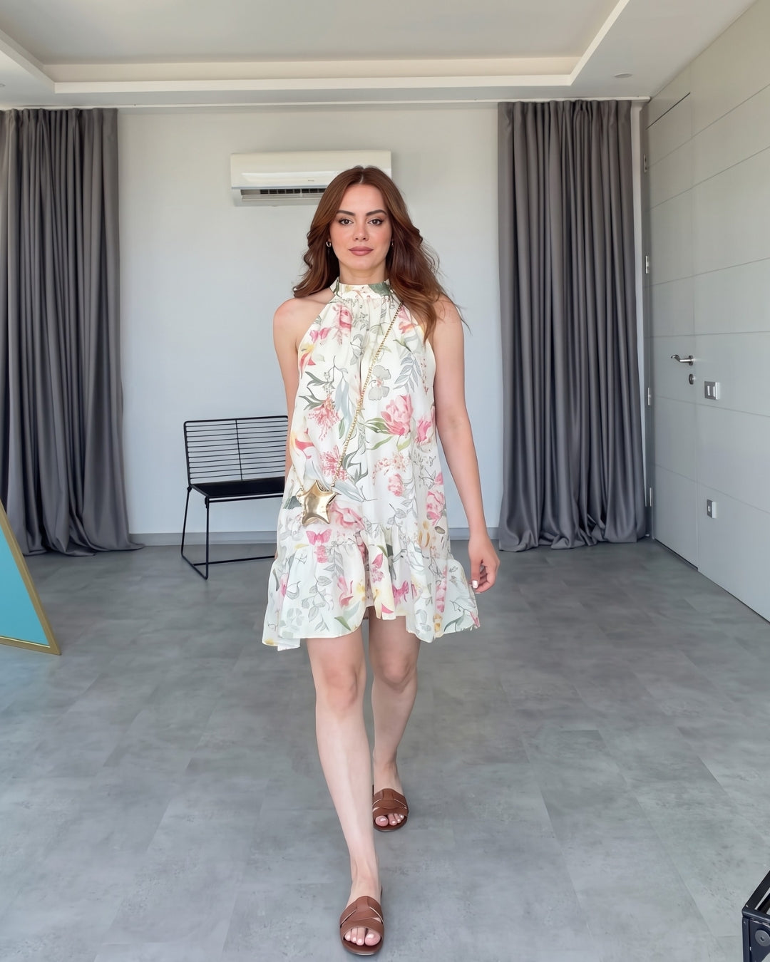 Zyrella - Ivory Botanical Halter Mini Dress