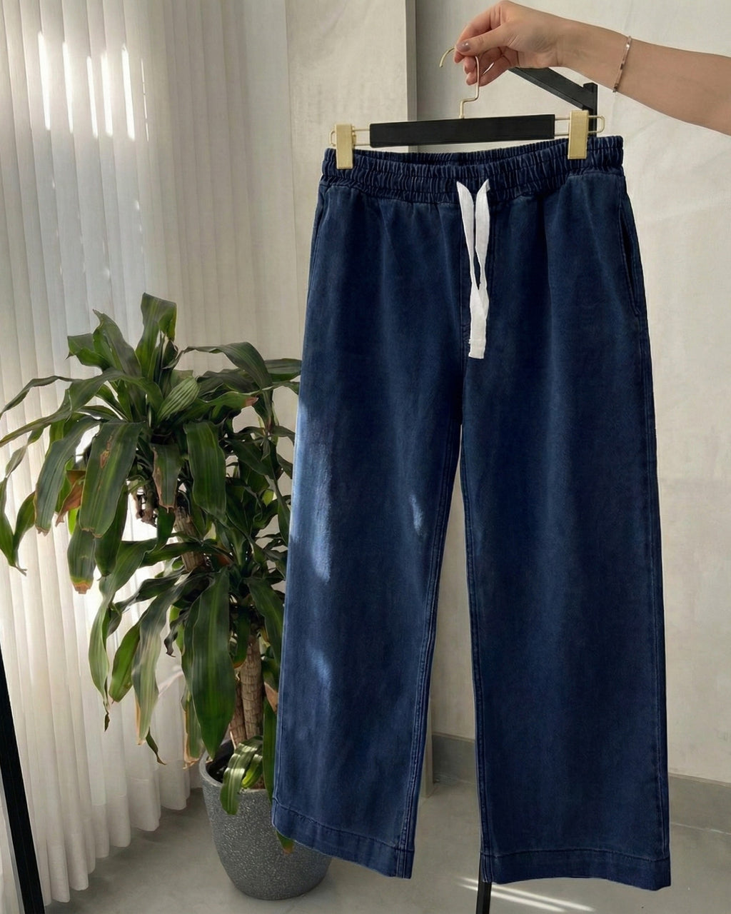 Deep Indigo Cotton Denim Co-ord Set with Buttoned Top & Elastic Waist Pants