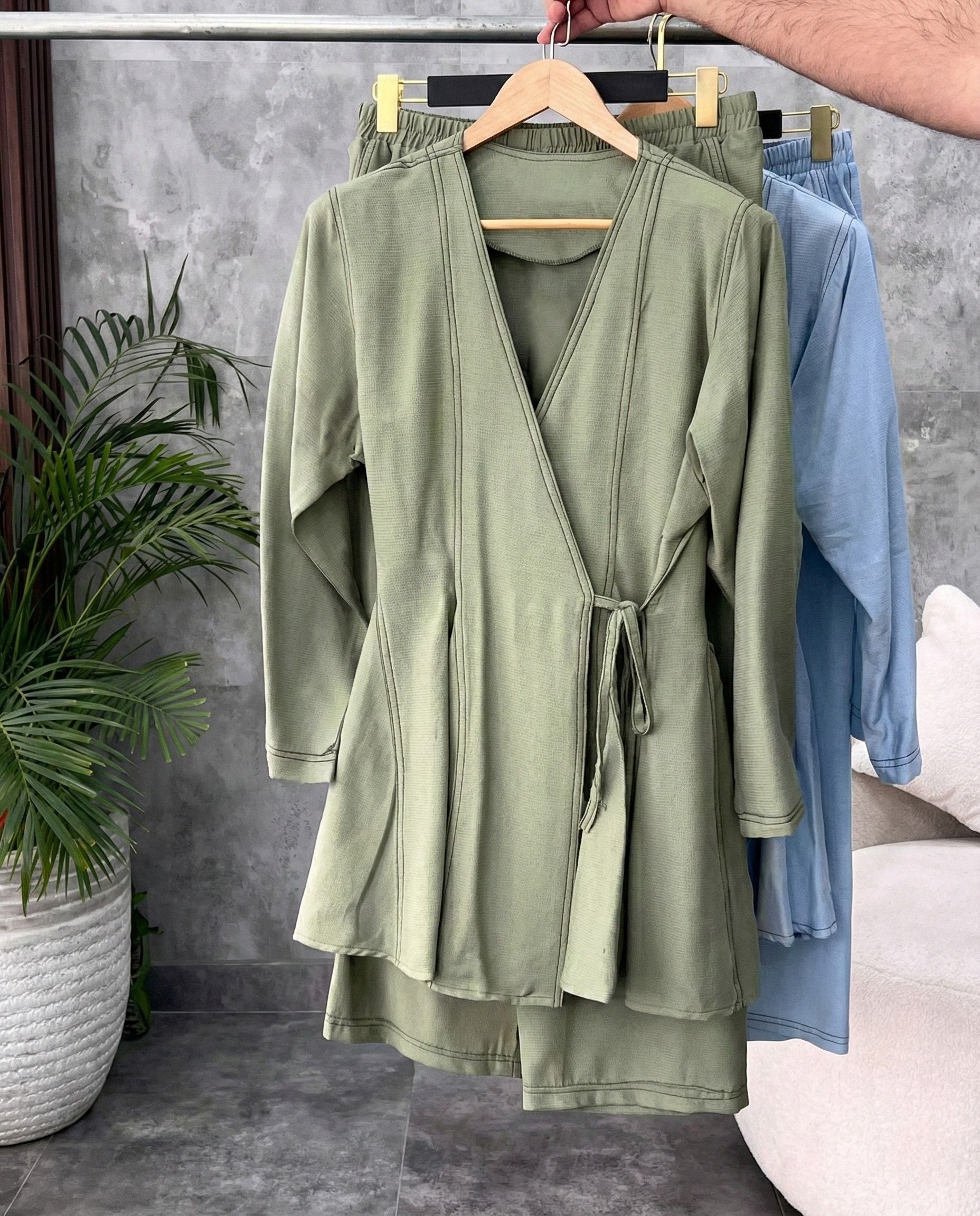 Sage green aura wrap style co ord set with side tie up and relaxed pants