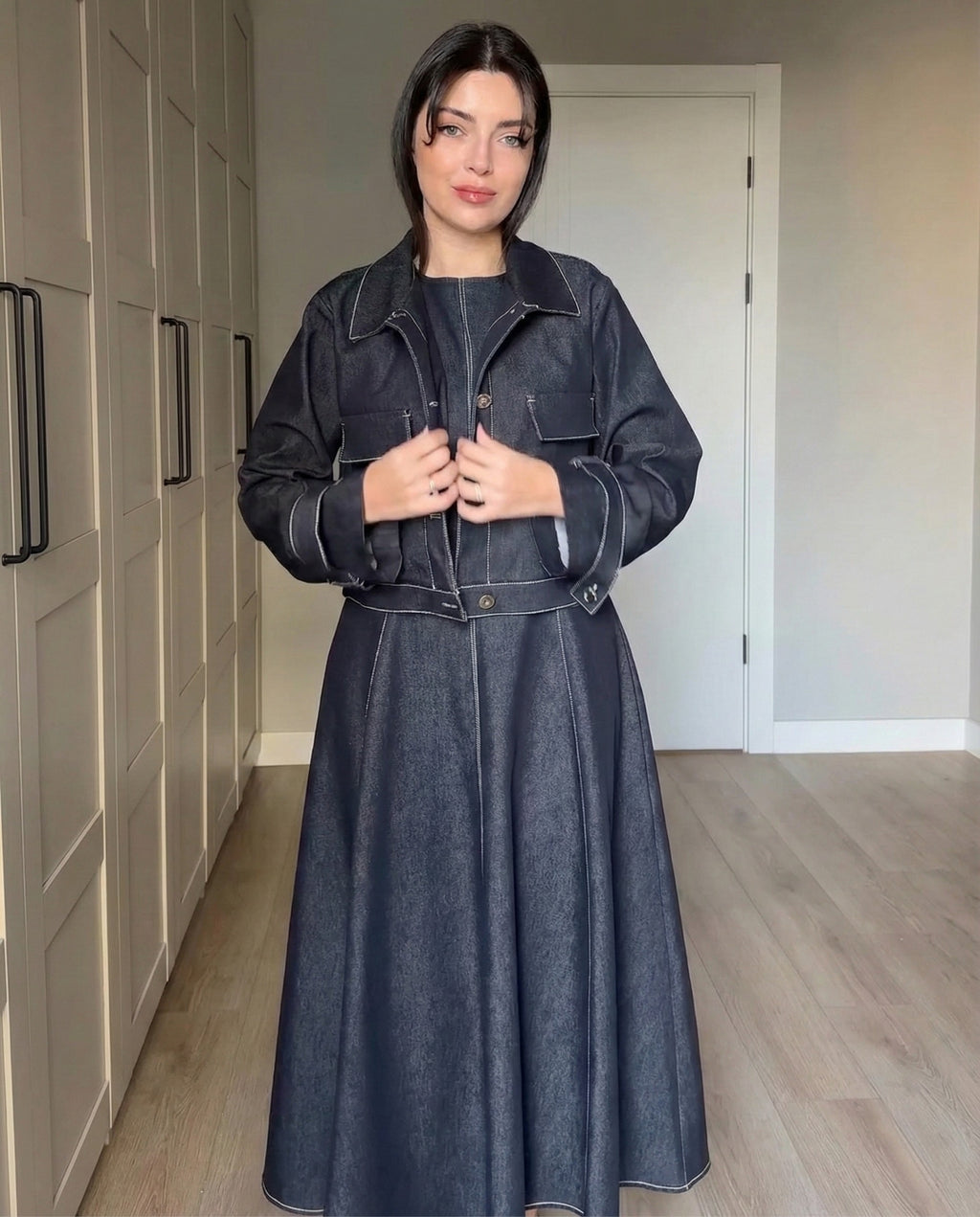 Naira – Deep Indigo Denim Dress Set with Utility Crop Jacket