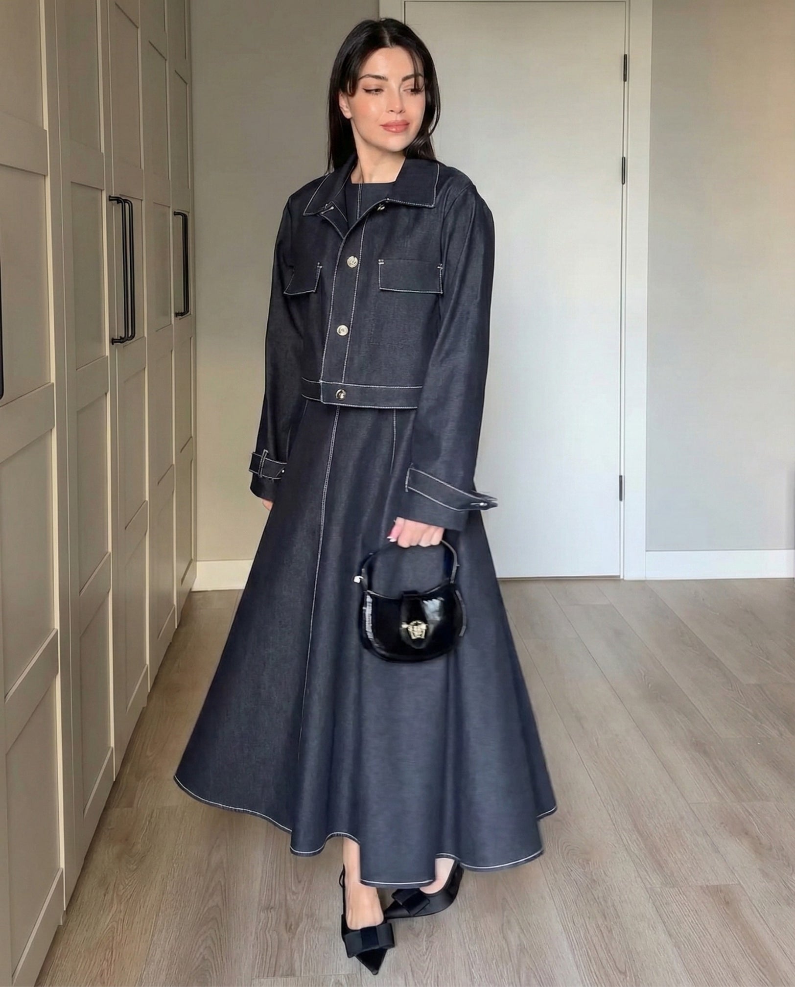 Naira – Deep Indigo Denim Dress Set with Utility Crop Jacket