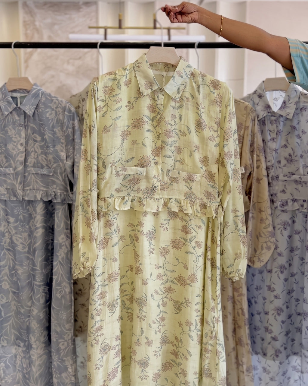 Aroha - Yellow Botanical Ruffle Midi Dress