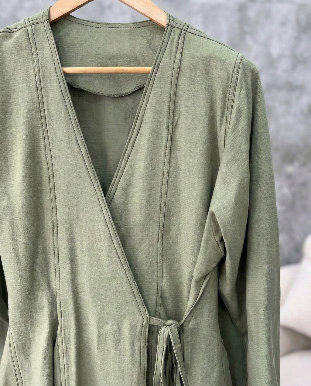 Sage green aura wrap style co ord set with side tie up and relaxed pants