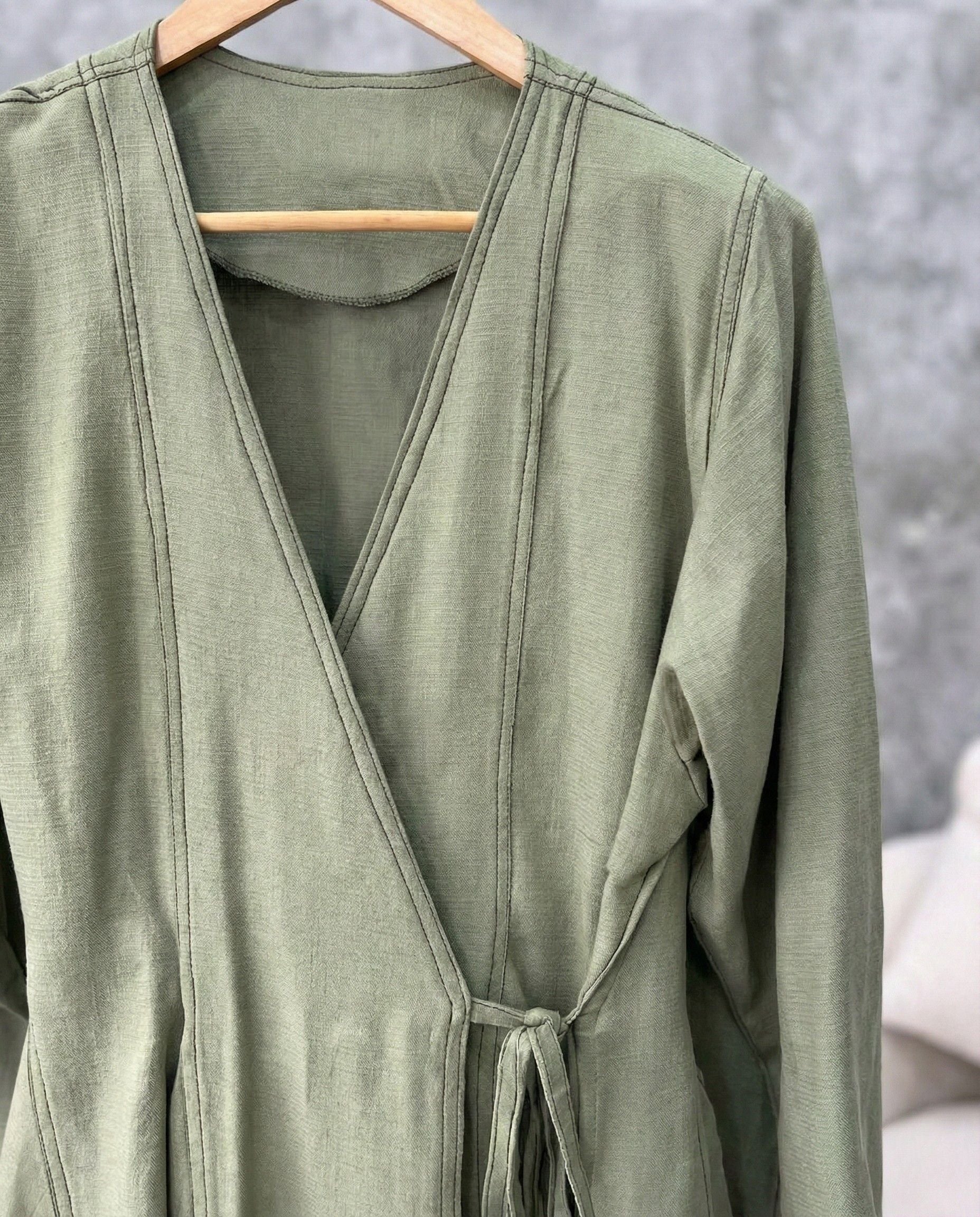 Sage green aura wrap style co ord set with side tie up and relaxed pants