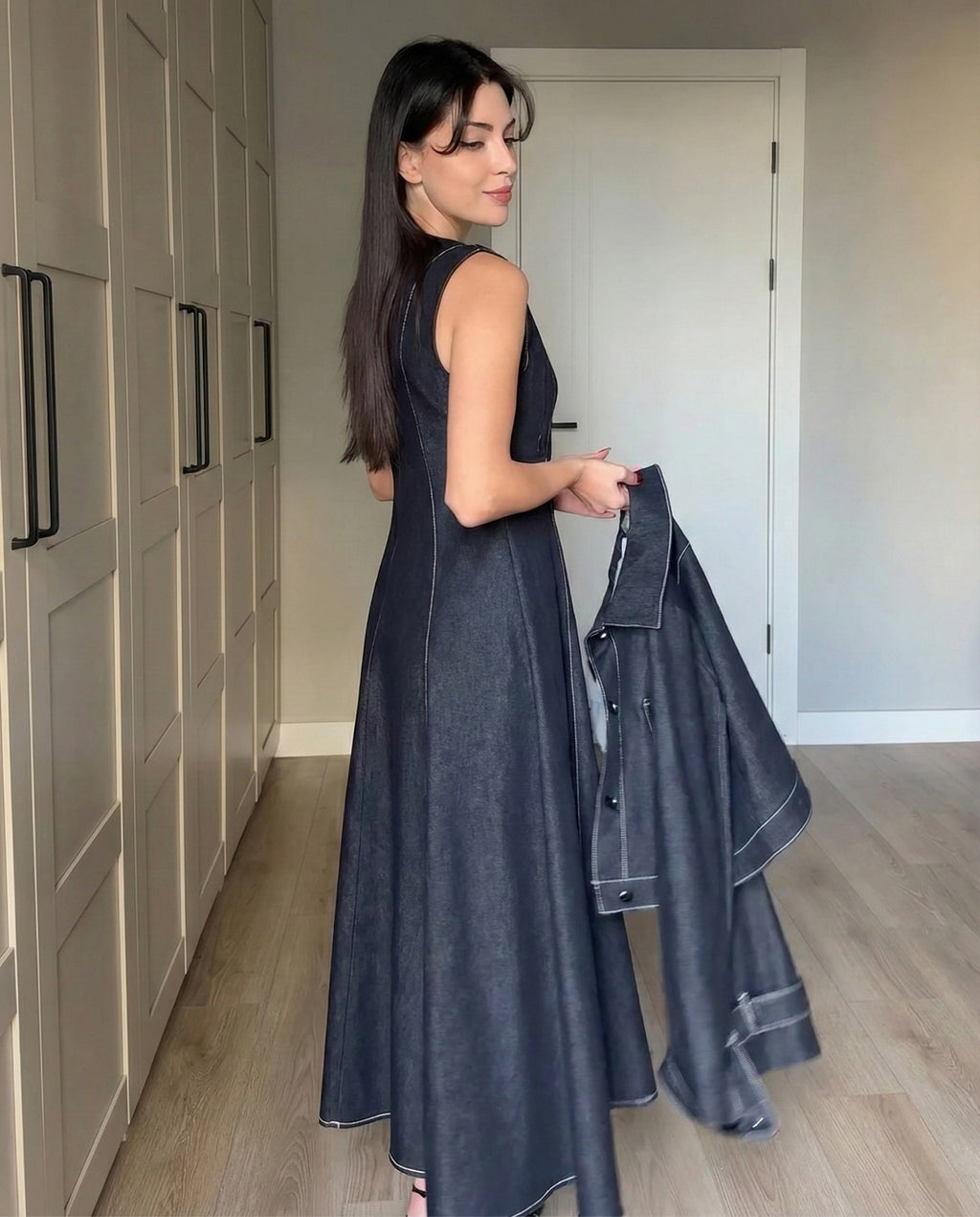 Naira – Deep Indigo Denim Dress Set with Utility Crop Jacket