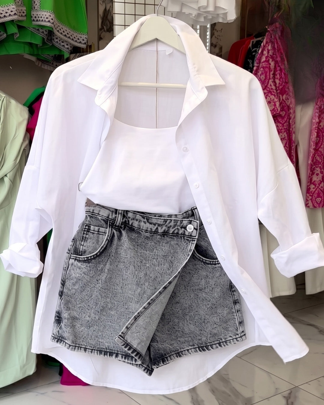 Olina - Elegant White Shirt Shorts Casual Wear Set